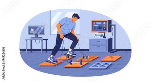Man Exercising on Balance Boards in Office.