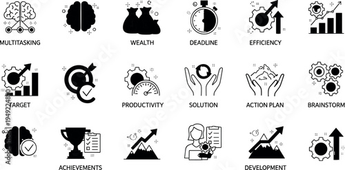 Business Productivity And Performance Icon Set Featuring Multitasking Wealth Deadline Efficiency Target Brainstorm And Development Concepts