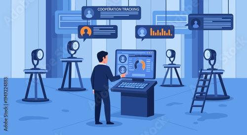 Man Working on Computer with Microphones.