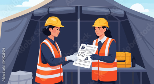Two Female Workers Discussing Plans at Construction Site.