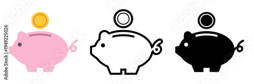貯金箱アイコンセット コイン付きブタのマネーバンク フラット・線画・シルエットの金融シンボルベクター素材 / Piggy bank icon set coin money saving flat outline silhouette vector
