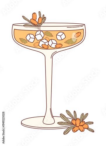 Sea Buckthorn Gourmet Cocktail in Coupe Glass. Elegant Alcohol Drink with Ice Cubes, Mint and Fresh Berry. Refreshing Cocktail. Isolated Vector Illustration.