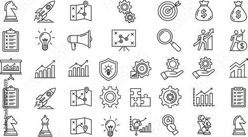 Business Strategy And Startup Line Icon Set Featuring Growth Charts Target Innovation Finance Planning And Leadership