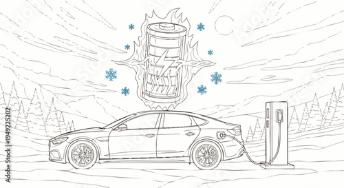Electric car charging in cold winter weather, battery overheating and freezing, symbolizing charging challenges and solutions