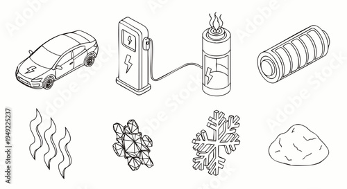 Isometric icons representing electric vehicle charging, battery power, heat, ice, and snow, symbolizing renewable energy and climate change.