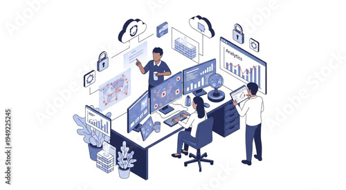 Team Analyzing Data on Multiple Screens with Cloud Security.