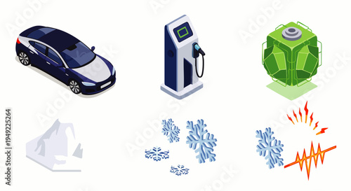 Isometric electric car, charging station, battery, iceberg, snowflakes, and sound waves icons representing eco-friendly transport and environmental elements