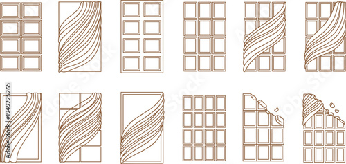 Chocolate Bar Outline Icon Set with Wrapped Chocolate, Whole Chocolate Blocks, and Bitten Chocolate Pieces for Candy Packaging, Dessert Menus, and Sweet Food Designs