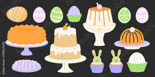 Colorful easter desserts and bunny treats illustration on a dark background