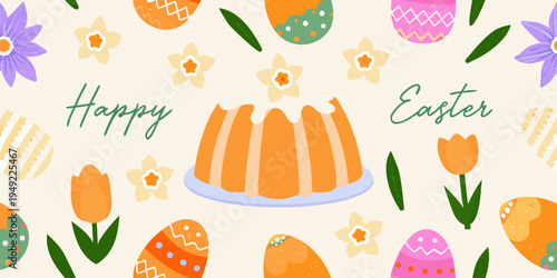 A colorful easter scene featuring decorated eggs flowers and cake