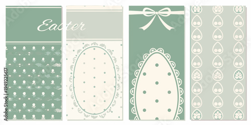 Four vintage easter cards with floral and egg patterns in green hues