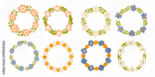 Floral wreaths in various colors and styles arranged in a grid pattern