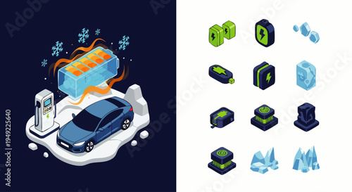 Electric car charging in cold weather with battery and charging station icons, isometric illustration
