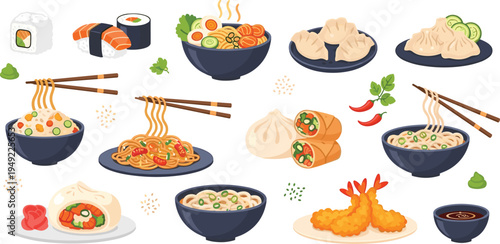 Asian Food Collection with Sushi, Ramen, Dumplings, Noodles, Spring Rolls, Tempura and Traditional Japanese and Chinese Cuisine Vector Illustration Set.