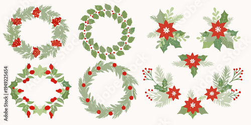 Festive collection of poinsettia and berry wreaths and floral arrangements
