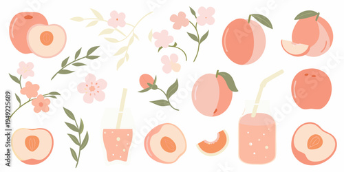 Stylized illustration of peaches blossoms and juice in soft colors
