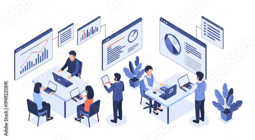 Isometric office scene with data analysis and teamwork.