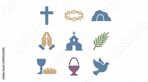 Vector set of religious icons and symbols featuring a collection of travel and nature design elements including a lighthouse and sun illustration