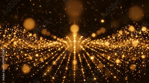 A shimmering, golden path leads to a bright light amidst a field of bokeh on a dark backdrop