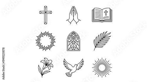 Set of decorative vector icons featuring floral wings, angel silhouettes, and religious symbols like the cross and peace dove for tattoo design
