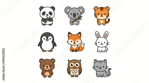Cute cartoon character collection featuring a funny vector set of zoo and pet animals like a baby cat dog lion tiger and bear icon illustration