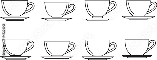 Coffee Cup Line Icon Set with Teacup and Saucer Outline Illustrations for Cafe Menu Design, Coffee Shop Branding, Hot Beverage Graphics, and Barista Themes