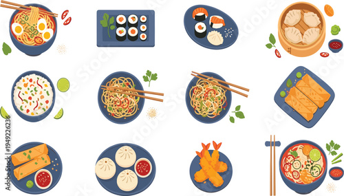 Asian Cuisine Food Collection with Sushi, Ramen, Dumplings, Noodles, Tempura, Spring Rolls and Traditional Japanese and Chinese Dishes Vector Set.
