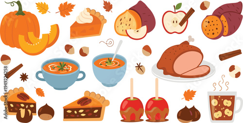 Autumn Food and Harvest Collection with Pumpkin, Apple Pie, Sweet Potato, Soup, Roasted Turkey, Caramel Apples and Fall Dessert Vector Illustration Set.