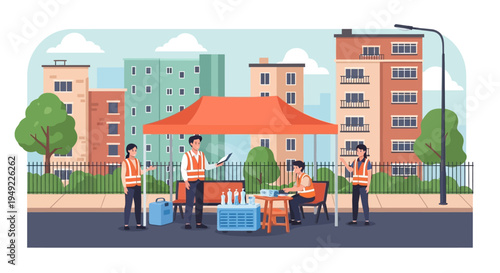 Workers Unloading Goods Under Orange Canopy.