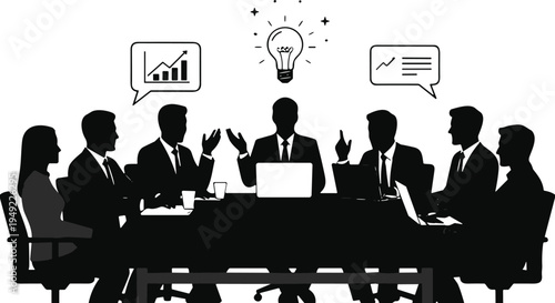 Business meeting silhouettes, corporate team discussion around conference table, teamwork strategy brainstorming vector, office collaboration concept illustration