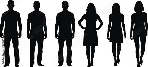 Black silhouette collection of diverse men and women standing in casual poses isolated on a plain white background for vector design