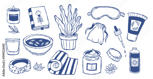 Insomnia Relief. Home Spa. Self Care and Sleep Accessories Doodle Set. Eye Mask, Yoga Mat, Cream, Candle, Flowerpot and Aroma Oil. Isolated Blue Line Art hand-drawn. Vector Illustration