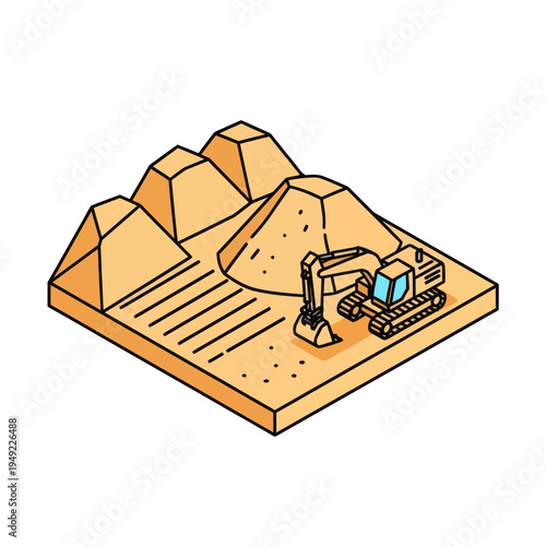 Excavator Working on Sand Piles Construction Site.