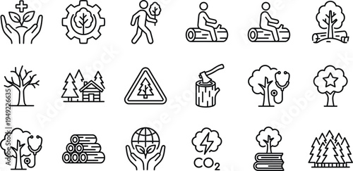 Environmental conservation icons set with trees recycling carbon dioxide eco energy forestry sustainability climate protection outline vector collection isolated