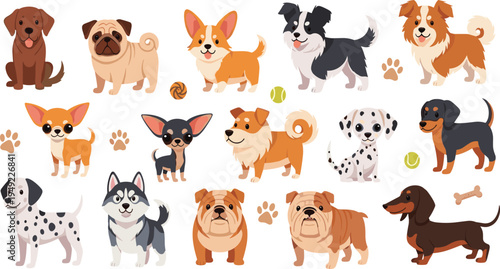 Cute Domestic Dog Breeds Collection with Labrador, Pug, Corgi, Chihuahua, Border Collie, Dalmatian, Husky, Bulldog and Dachshund Cartoon Vector Set.