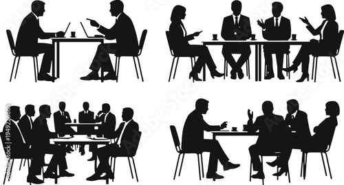 Business meeting silhouettes set, corporate team discussion at table, office negotiation teamwork concept vector, professional collaboration illustration collection