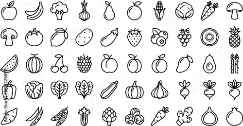 Fruits and vegetables outline icons set with healthy organic food collection including apple banana carrot broccoli mushroom vector illustration