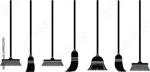 Broom and cleaning brush silhouettes set, household sweeping tools vector illustration for housework sanitation equipment isolated cleaning supply icons