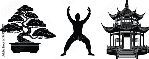 Asian culture symbols vector set, bonsai tree martial artist and traditional Chinese pavilion silhouette illustration for oriental heritage design