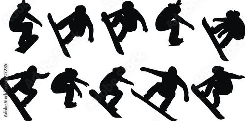 Black silhouette collection of snowboarders performing jumps and freestyle tricks in various poses isolated on a plain white background