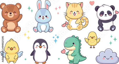 Cute Kawaii Animal Character Collection with Bear, Bunny, Cat, Panda, Chick, Penguin, Dinosaur and Cloud Cartoon Vector Illustration Set.