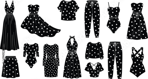 Women polka dot clothing collection silhouette vector, dresses tops pants skirts and jumpsuits fashionable female apparel isolated fashion design set