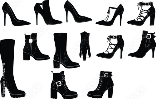 Women high heel shoes and boots silhouette set, fashion footwear collection vector, elegant stiletto, ankle boots, lace up heels isolated design