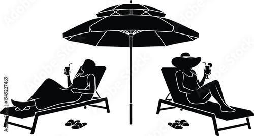 Women relaxing on beach loungers under umbrella silhouette vector, summer vacation sunbathing girls drinking cocktails seaside holiday illustration