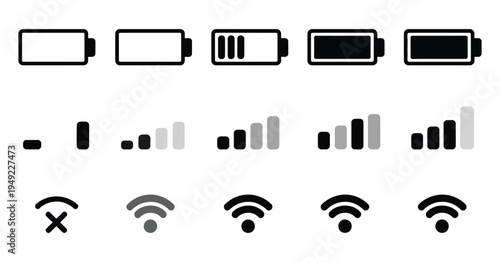 Battery Signal and Wi-Fi Icon Symbol, smartphone network indicator, wireless connection sign, battery power level status bar element, modern black and white vector icon for mobile interface, web UI de
