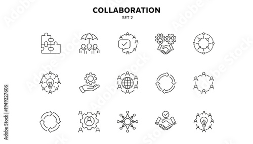 16 collaboration icons, black and white line style, teamwork symbols, puzzle pieces, handshake, network, shared ideas, vector illustration, editable stroke, professional concept