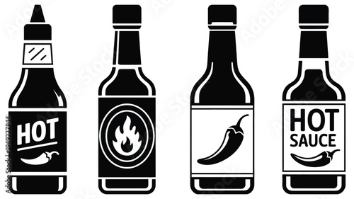 Hot Sauce Bottle Icons Set, Spicy Chili Label Clipart Collection with Pepper Sauce Bottles, Condiment Packaging Symbols and Fiery Flavor Seasoning Illustration for Food Branding and Restaurant 
