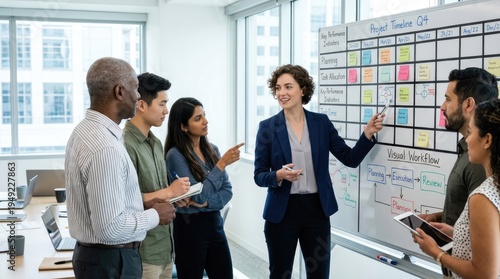 A diverse group of professionals collaborates around a whiteboard displaying a project timeline.