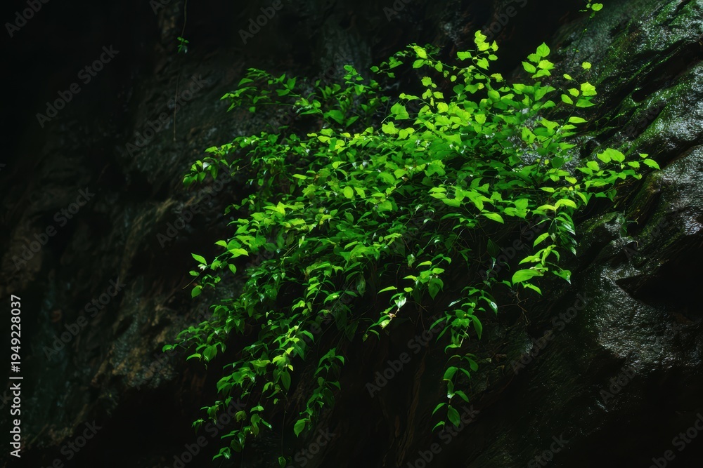 Obraz premium 洞窟の暗い岩の表面には緑色の植物が生えています