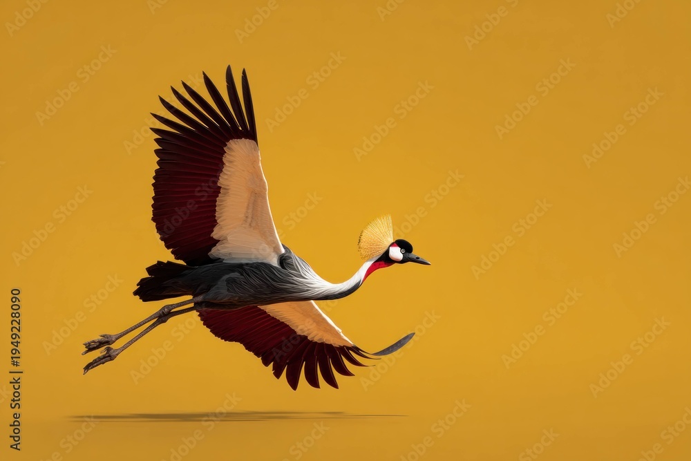 Obraz premium Bird, crane and flying with wings spread in yellow background. Wildlife, nature and animal in flight for freedom, migration and birdwatching concept outdoors.